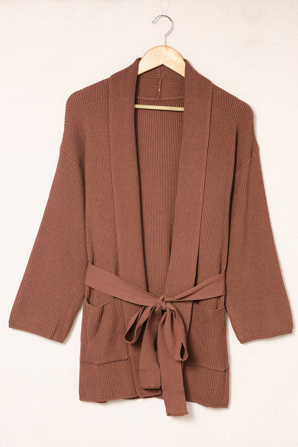 Robe Style Rib Knit Pocketed Cardigan with Belt