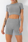 Solid Crop Top and High Waist Shorts Yoga Set