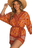 Barboteuse portefeuille florale style Boho orange, col en V, taille nouée 