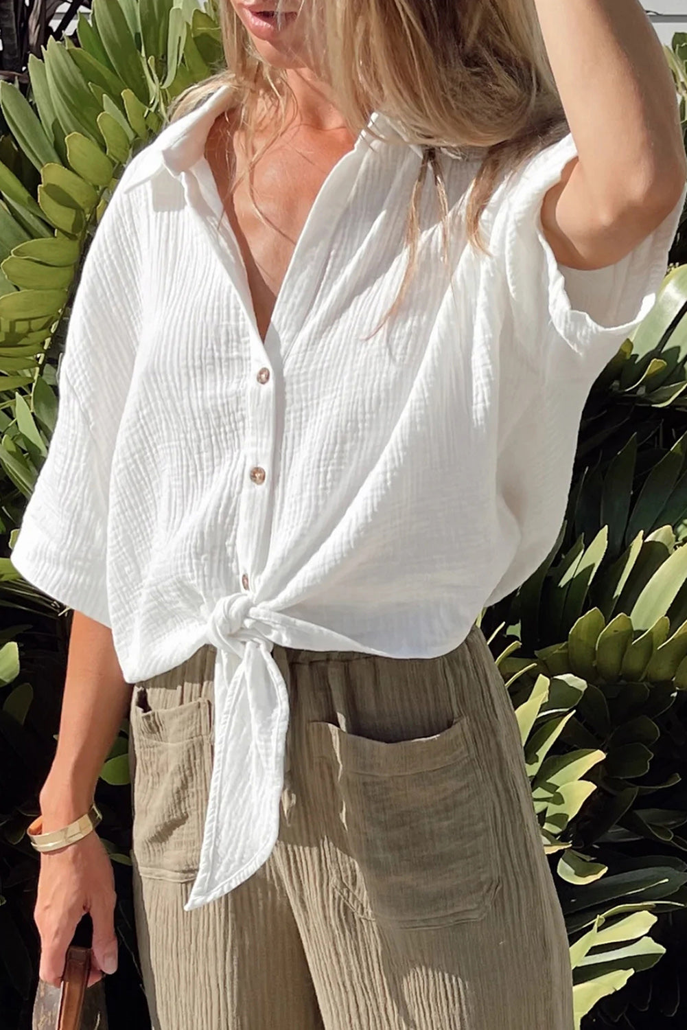 Textured Knotted Button-up Half Sleeve Shirt