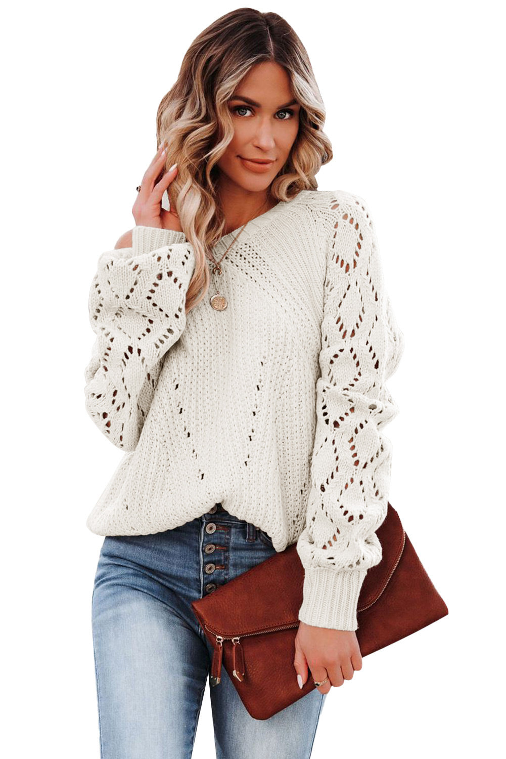 Hollow-out Puffy Sleeve Knit Sweater