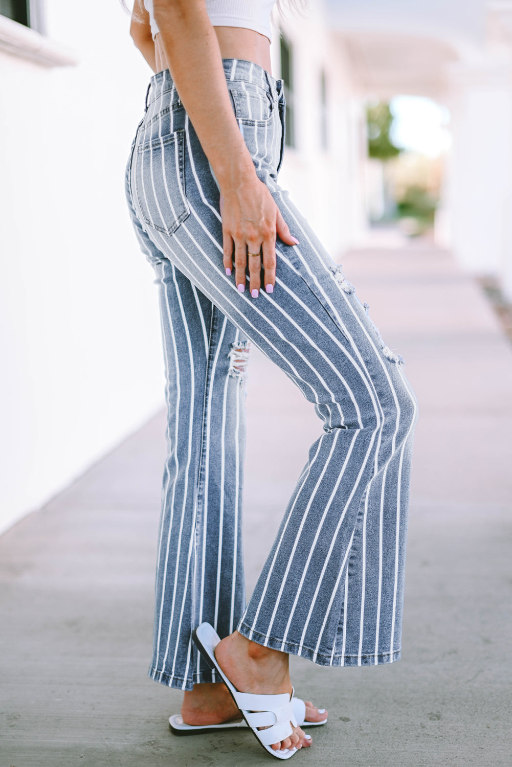 Vertical Striped Ripped Flare Jeans