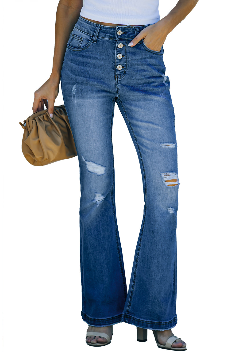 Dark Mid Rise Button Front Flare Denim