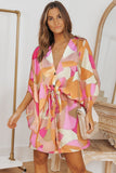 Geometric Print Button Drawstring Batwing Sleeve Dress