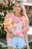 Pink Floral Print Tiered Ruffled Long Sleeve Blouse