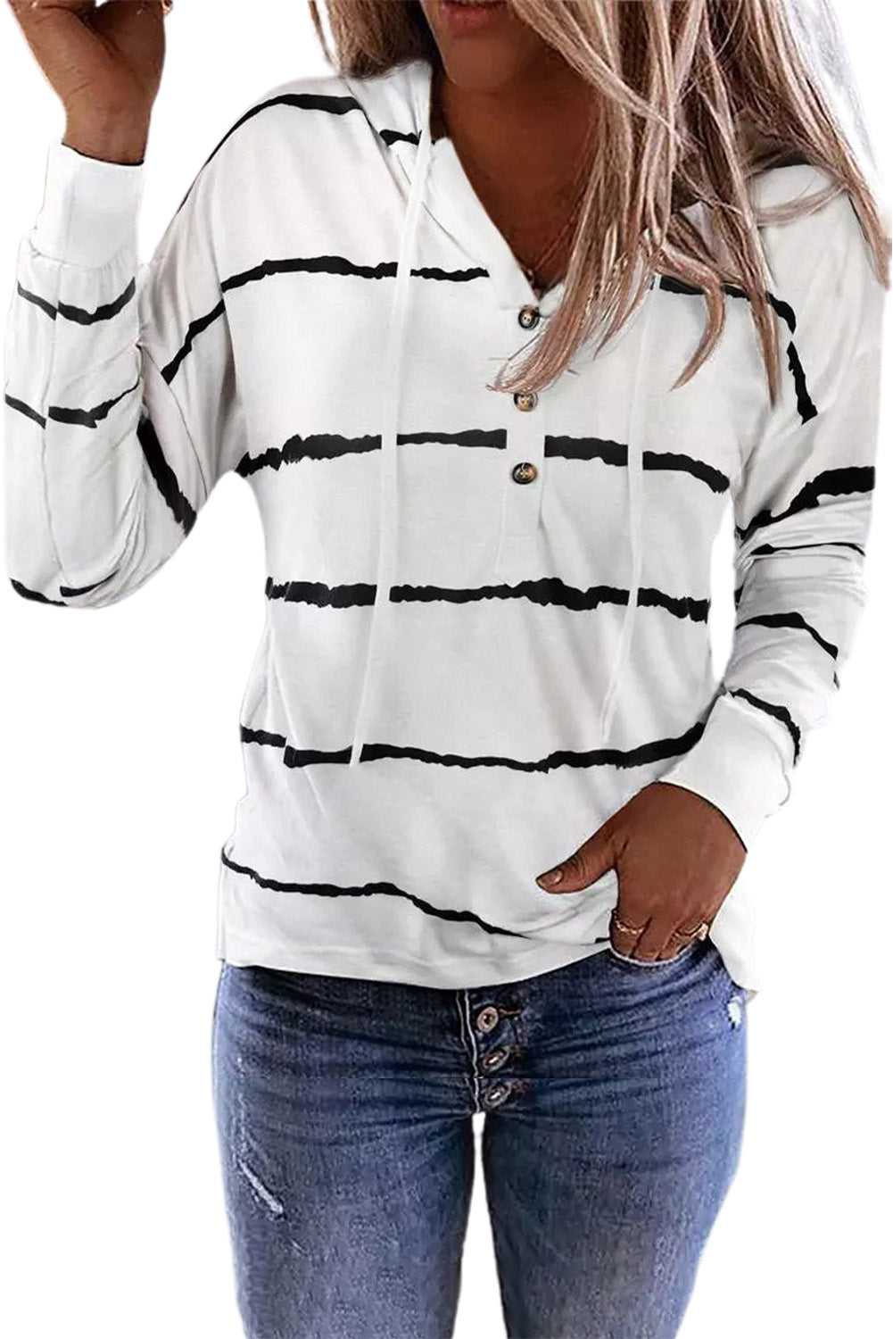 Striped Drawstring Button Long Sleeve Hoodie