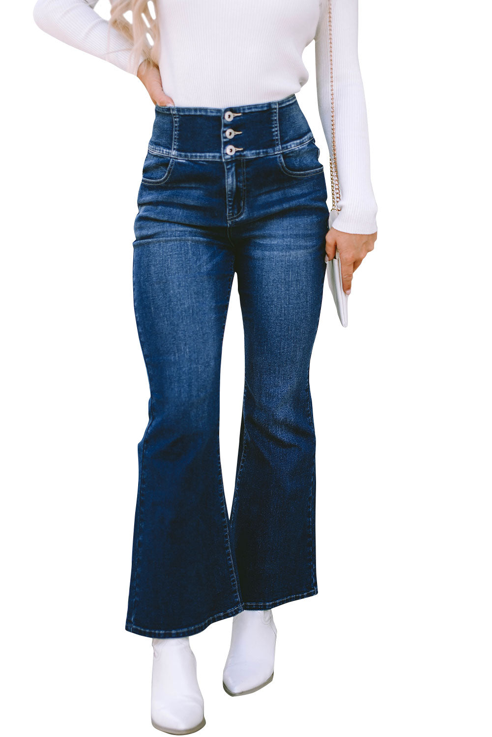 Buttons Elastic Wide Waistband Back Flare Jeans