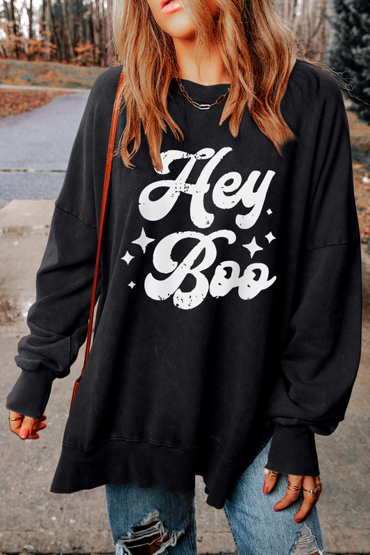 Hey Boo Print Drop Sleeve Side Split Oversized Sweatshirt