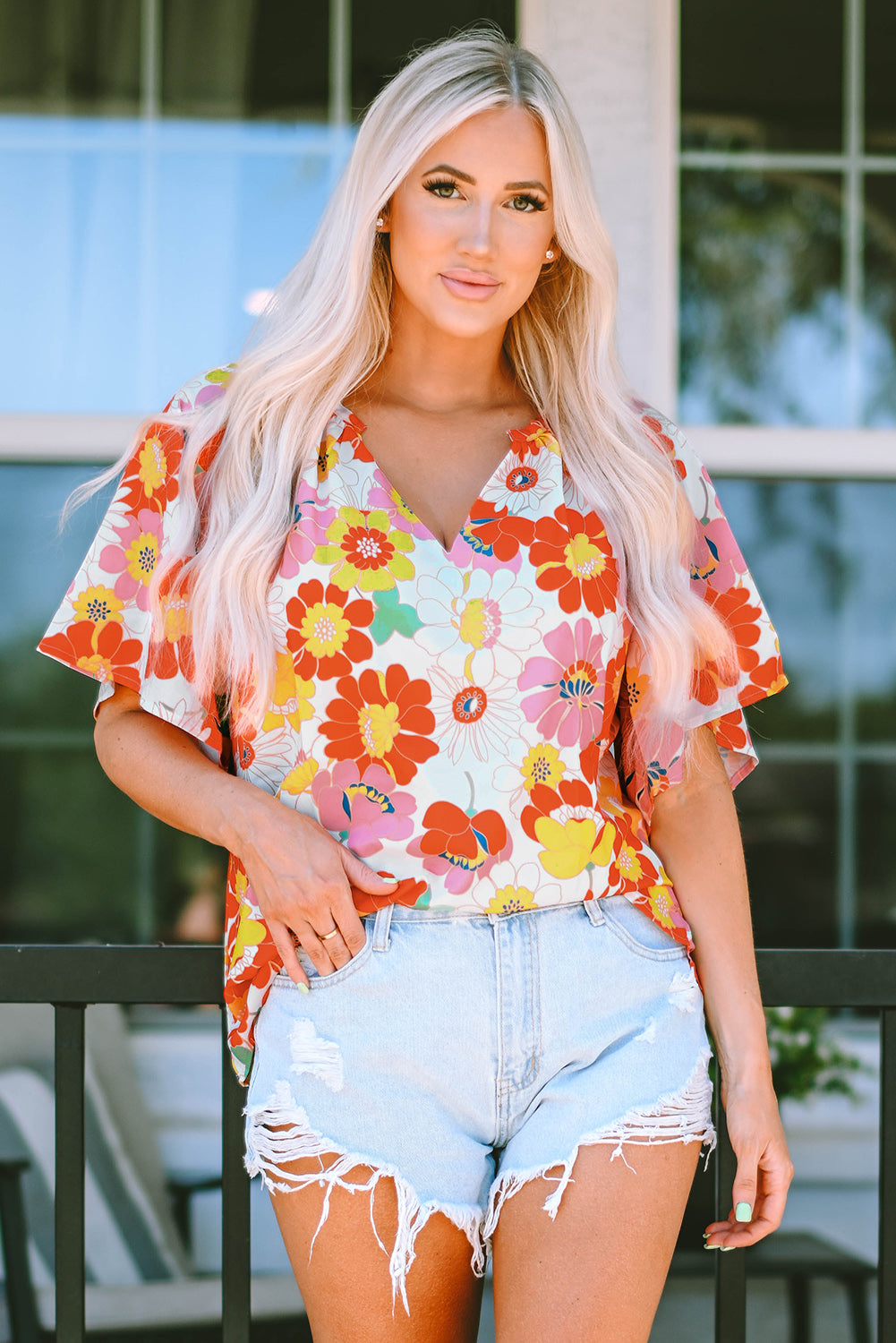 Multicolor Stand Collar Flutter Sleeves Floral Top