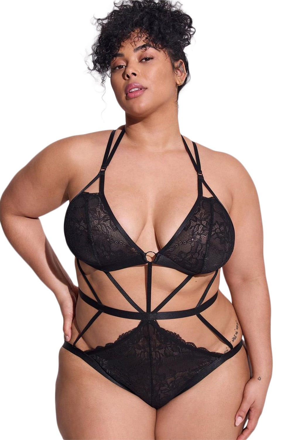 Lingerie Teddy Noire à Bretelles en Dentelle Grande Taille