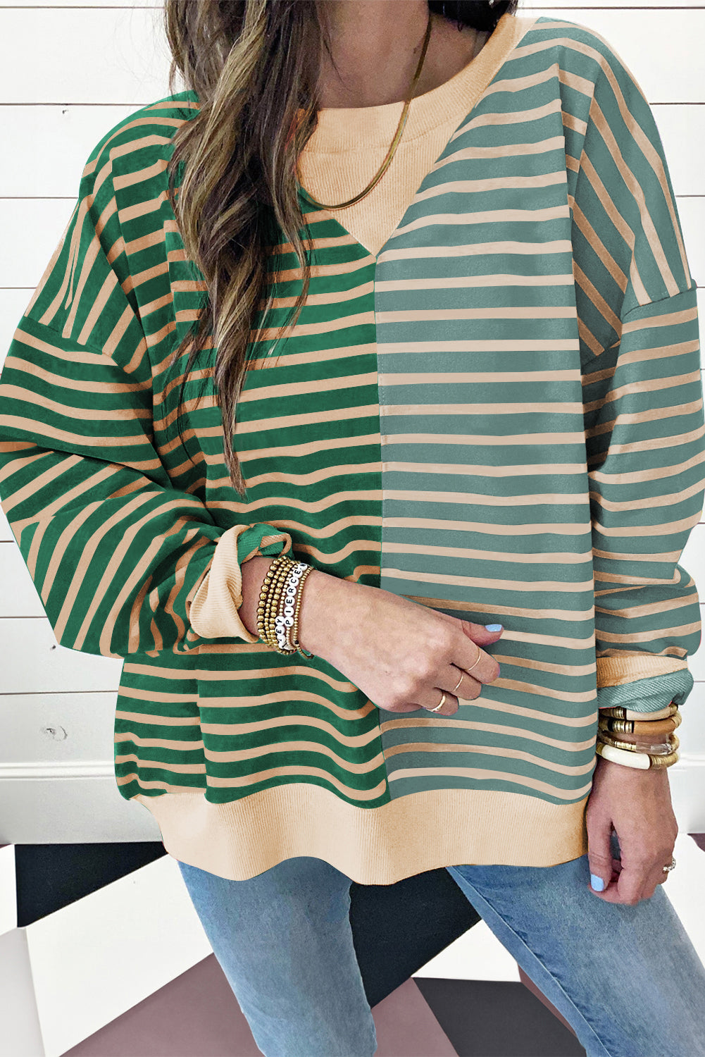 Pink Stripe Casual Stripe Colorblock Drop Shoulder Oversize Sweatshirt