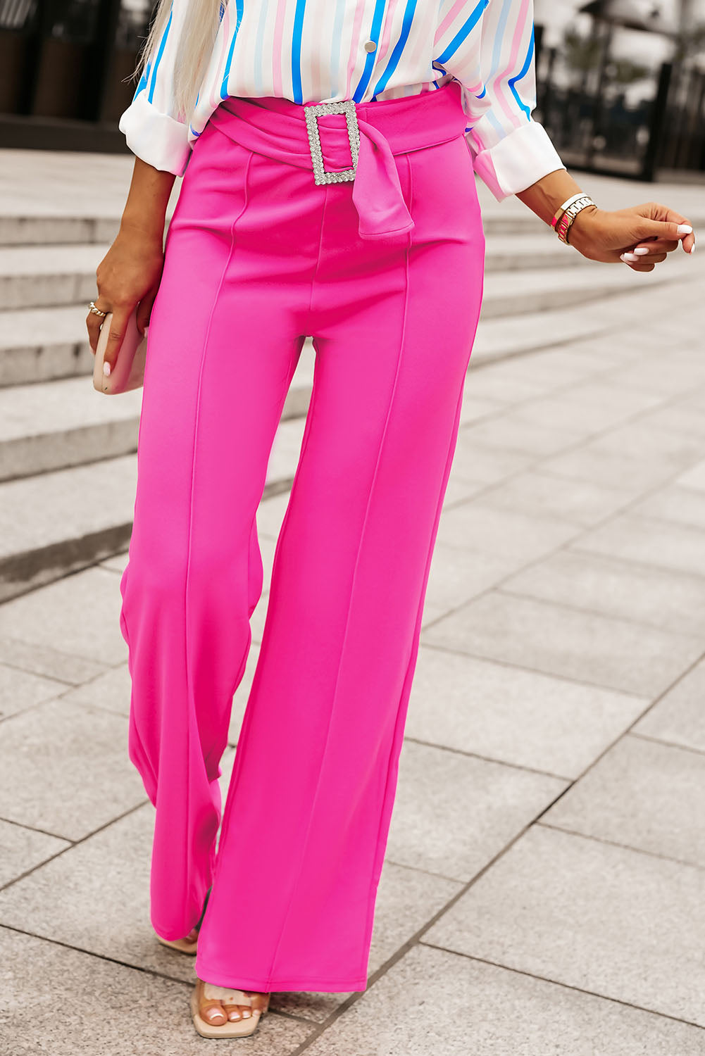 Rhinestone Buckle Sash Wide Leg Pants