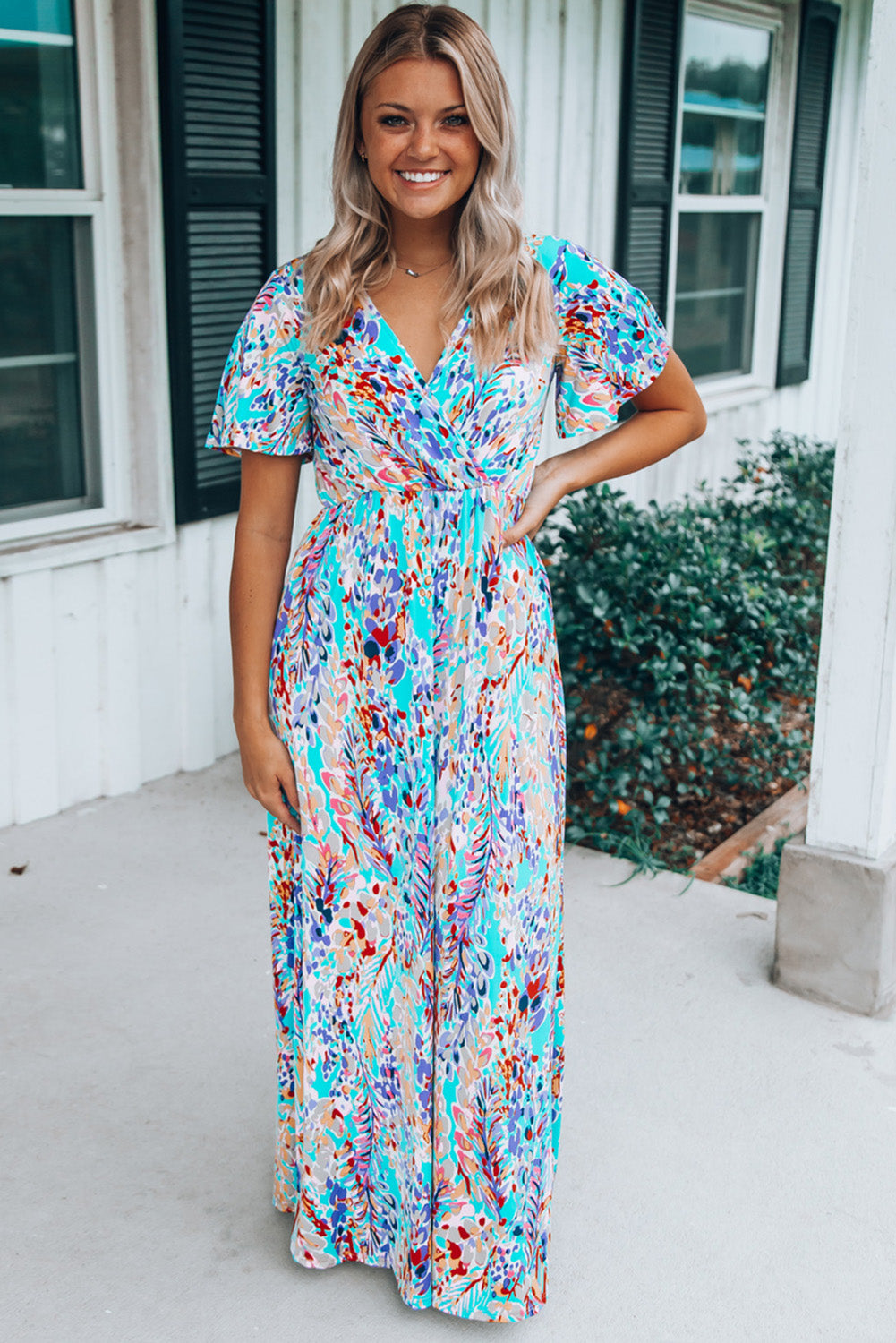 Wrap V Neck Floral Maxi Dress