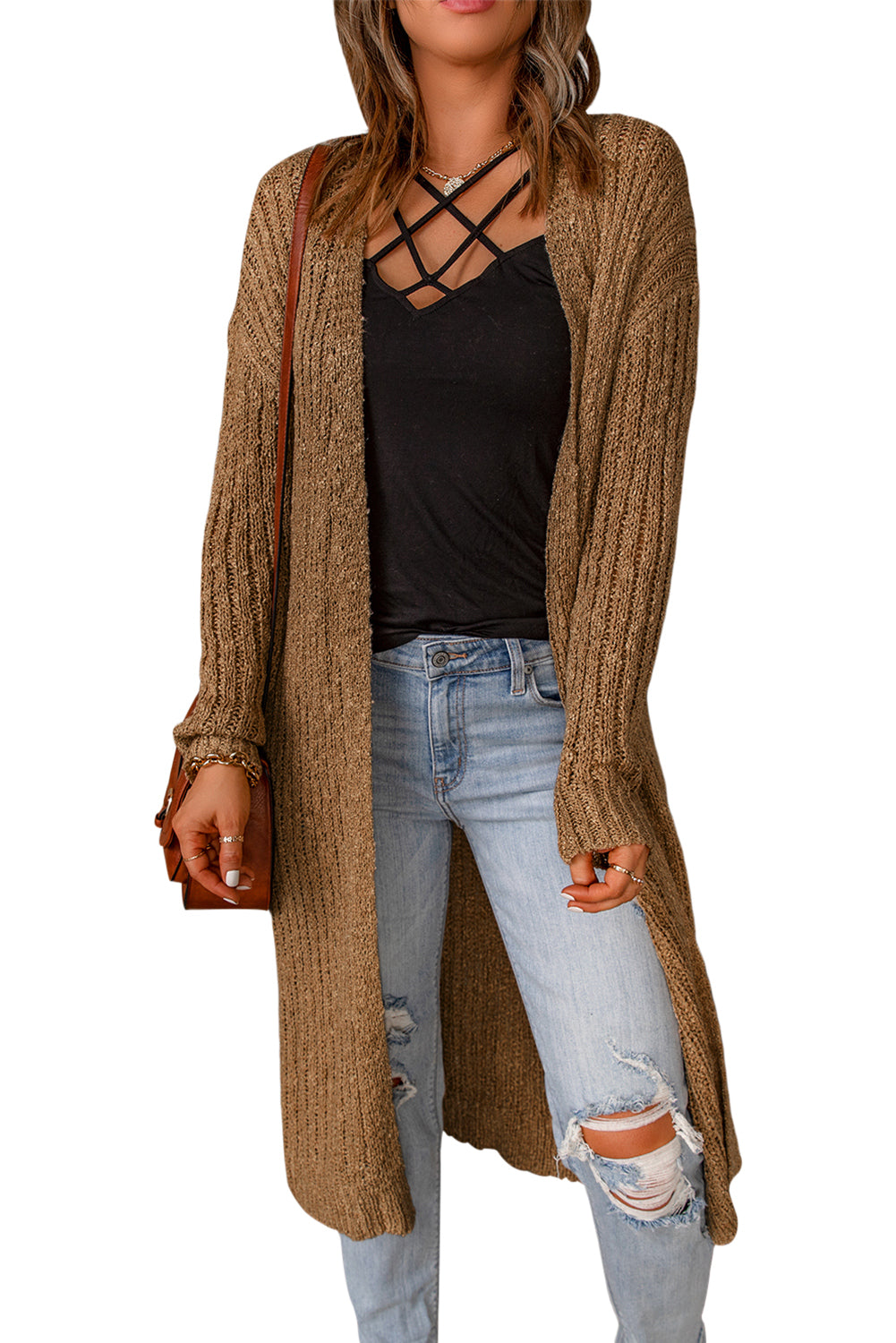 Open Front Drop Shoulder Knitted Cardigan