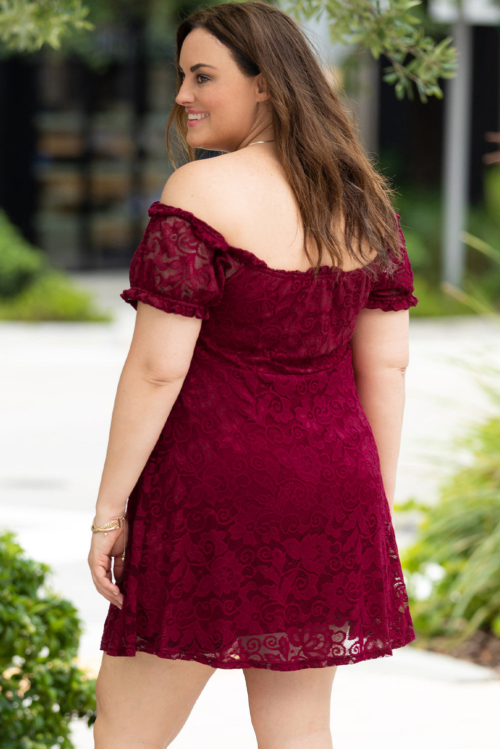 Lace Frill Bubble Sleeve Off Shoulder Plus Size Dress