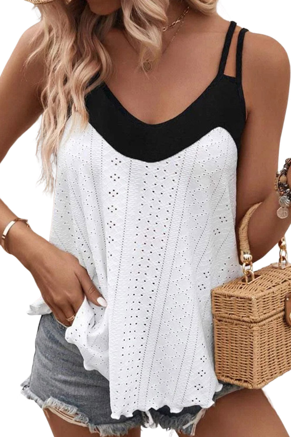 Two Tone Splicing Eyelet Textured Tank Top