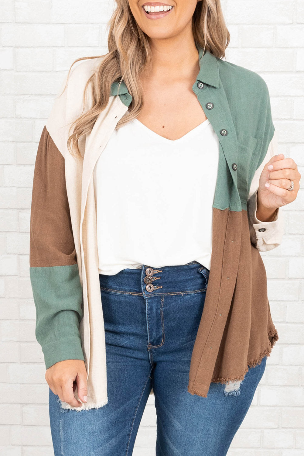 Colorblock Raw Edge Plus Size Shirt