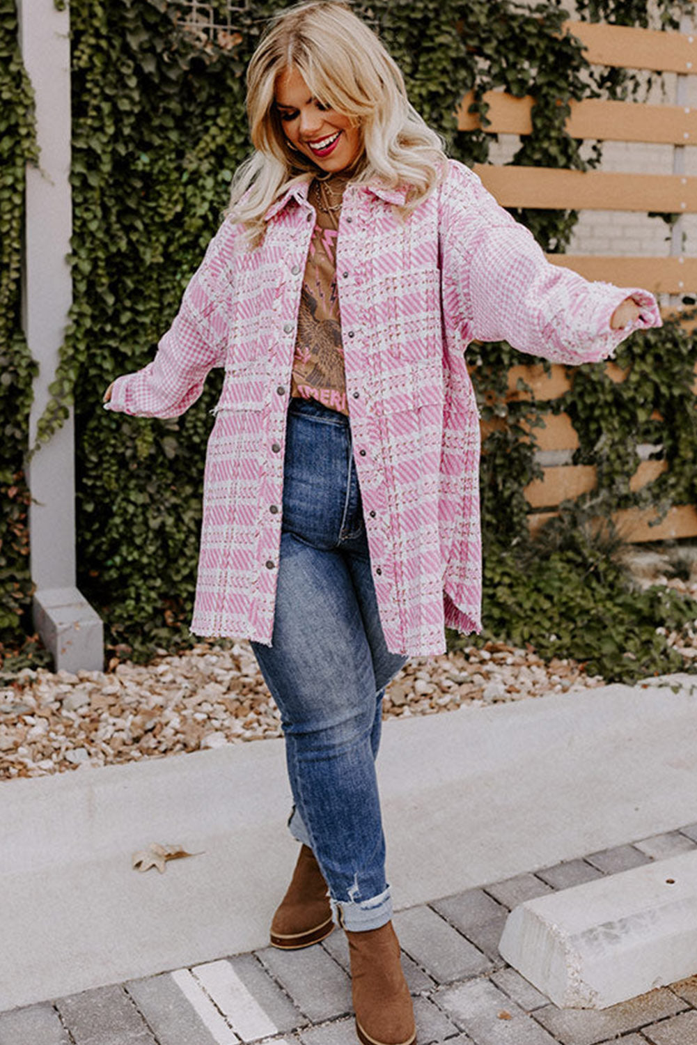 Rose - Veste en tweed à carreaux et imprimé pied-de-poule de grande taille