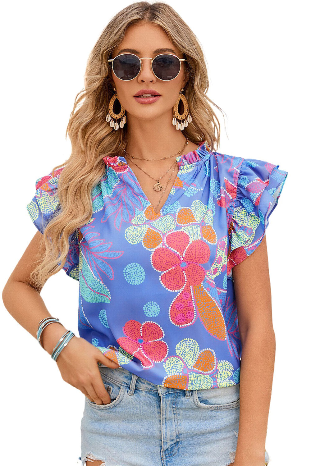 Split V Neck Flutter Floral Top