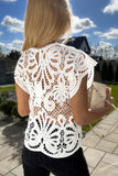 Lace Crochet Hollow-out Flutter Sleeve T-Shirt