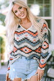 Aztec Print V Neck Long Sleeve Top