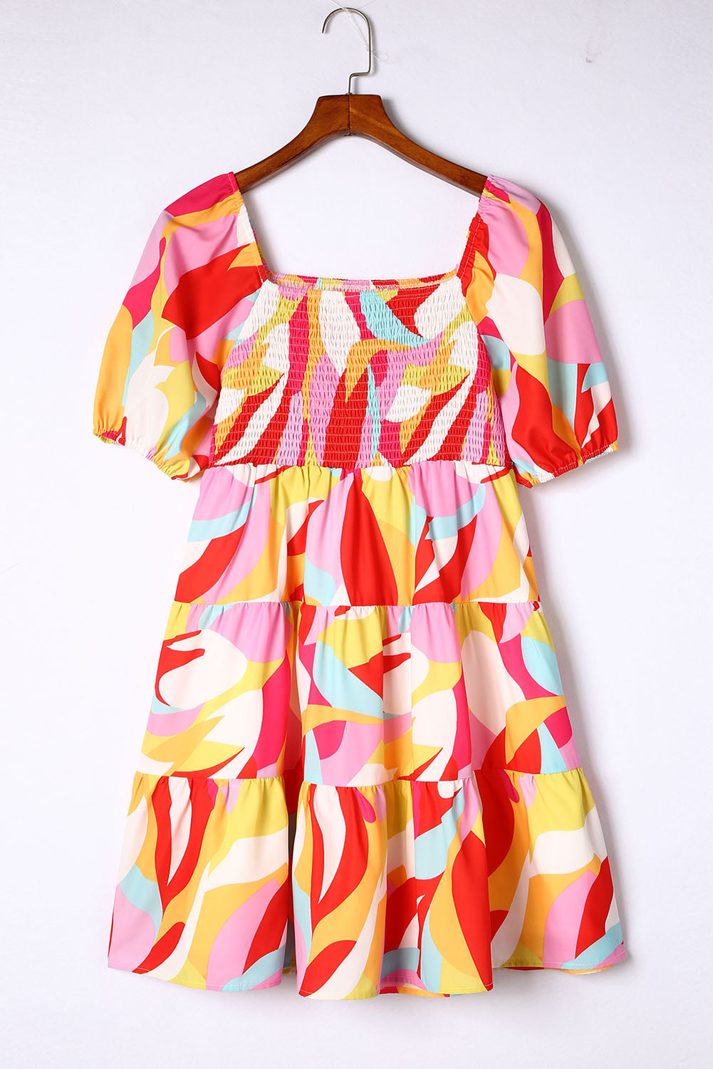 Multicolor Abstract Print Puff Sleeve Smocked Square Neck Dress