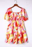 Multicolor Abstract Print Puff Sleeve Smocked Square Neck Dress