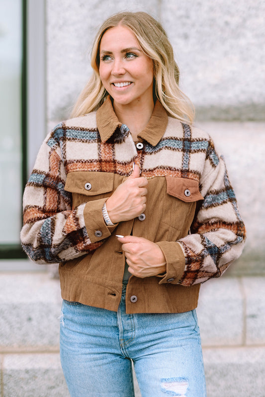 Khaki Plaid Corduroy Flap Pockets Boxy Chunky Jacket