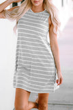 Stripe Print Side Pockets O-neck Sleeveless Mini Dress