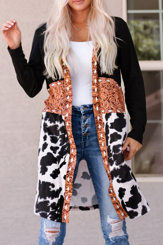 Black Western Pattern Cow Patchwork Open Front Cardigan