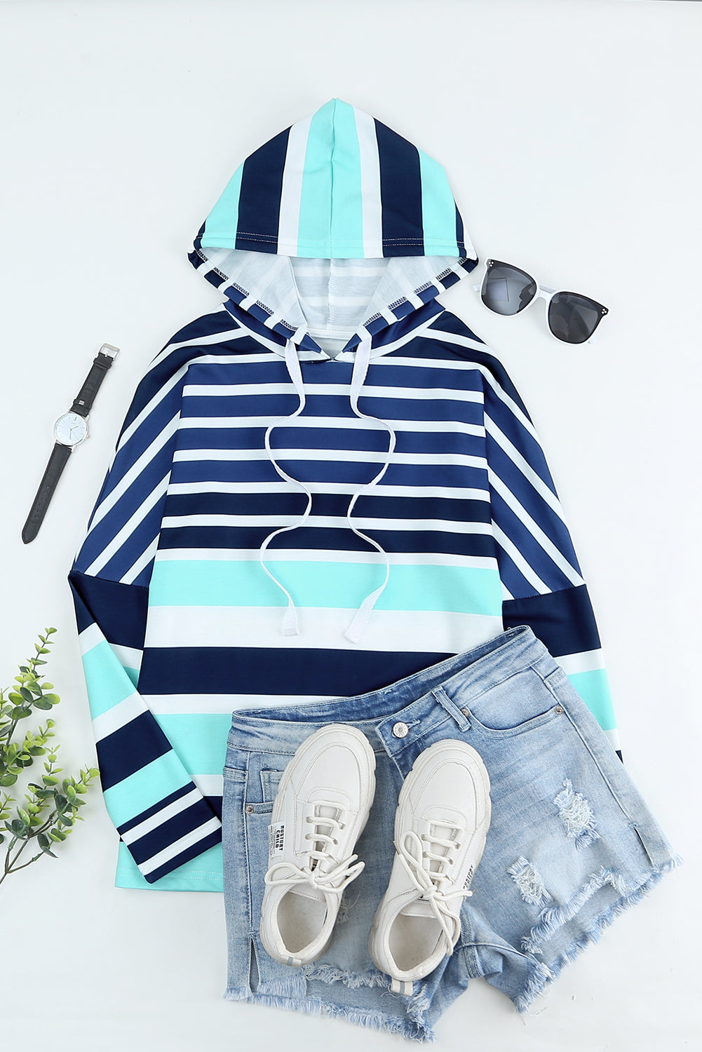 Multi Striped Drawstring Long Sleeve Hoodie