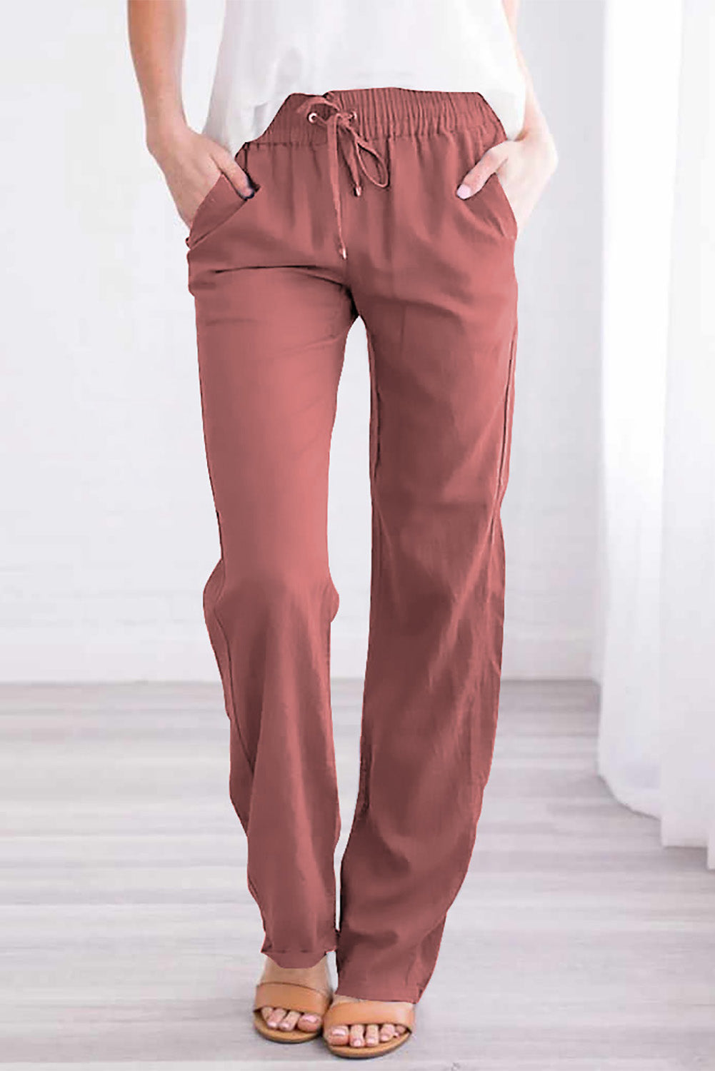 Drawstring Elastic Waist Pockets Long Straight Legs Pants