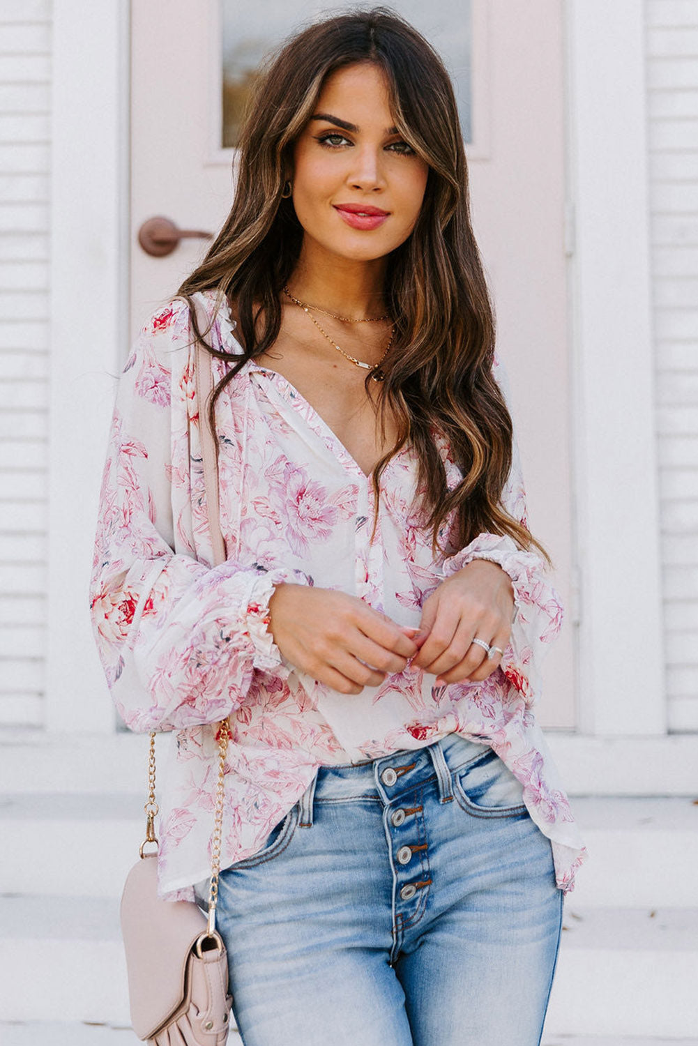 Vibrant Floral Printed Ruffle Trim Blouse