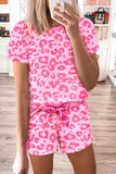 Pink Leopard Print Tee and Satin Tie Shorts Lounge Set