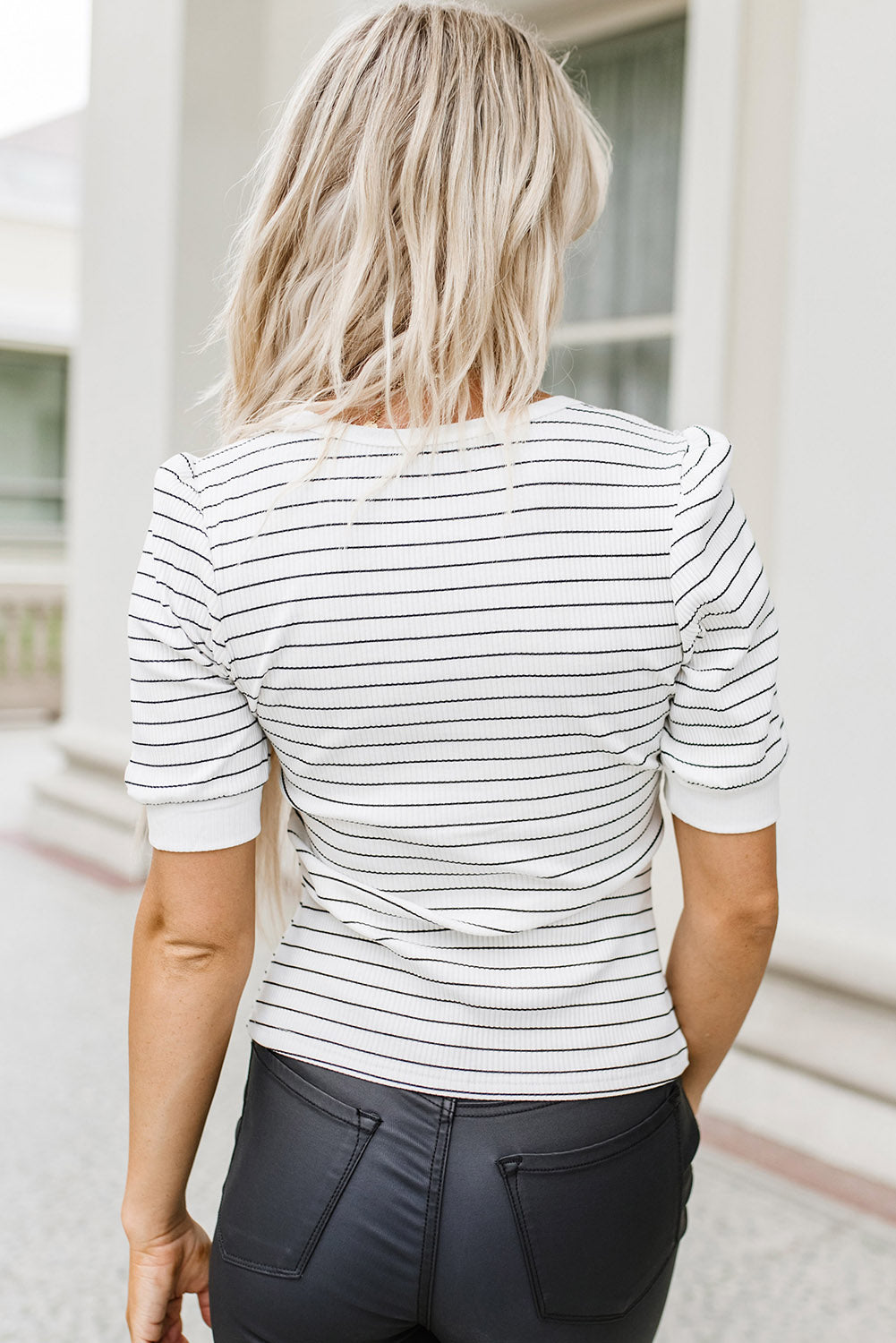 Striped Print Notch V Neck Short Sleeve Top