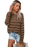 Brown Striped Half Zip Pullover Sweater