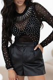 Black Rhinestone Sheer Mesh Long Sleeve Bodysuit