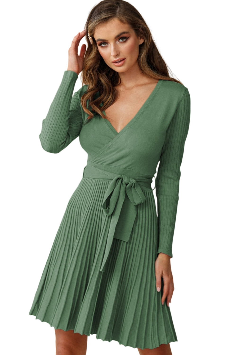 Belted V Neck Ribbed Pleated Sweater Dress