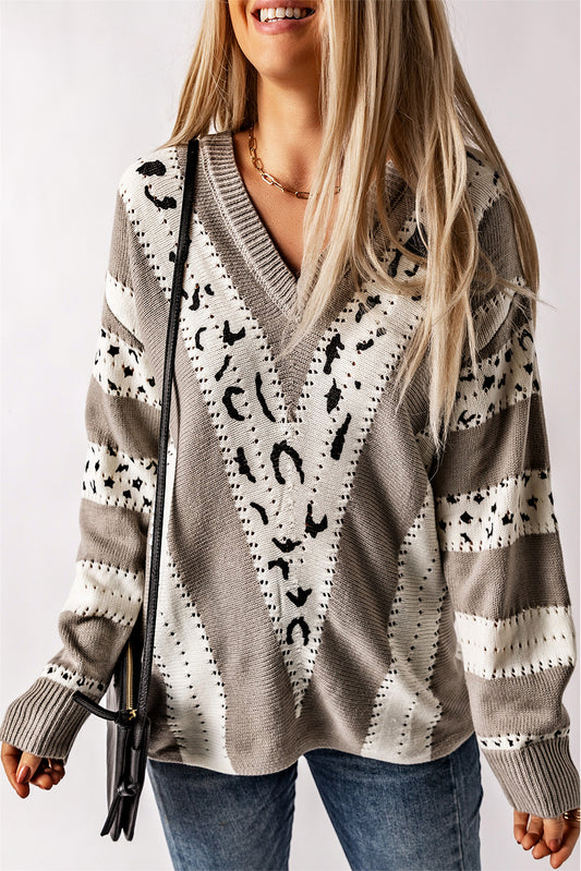 Animal Print Accent V Neck Sweater