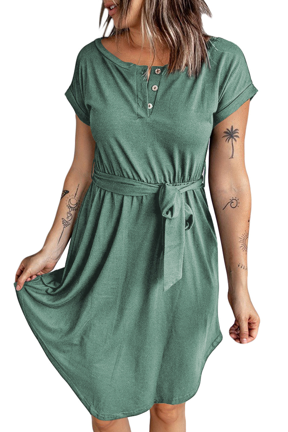 Buttons Crewneck Lace-up High Waist Mini Dress