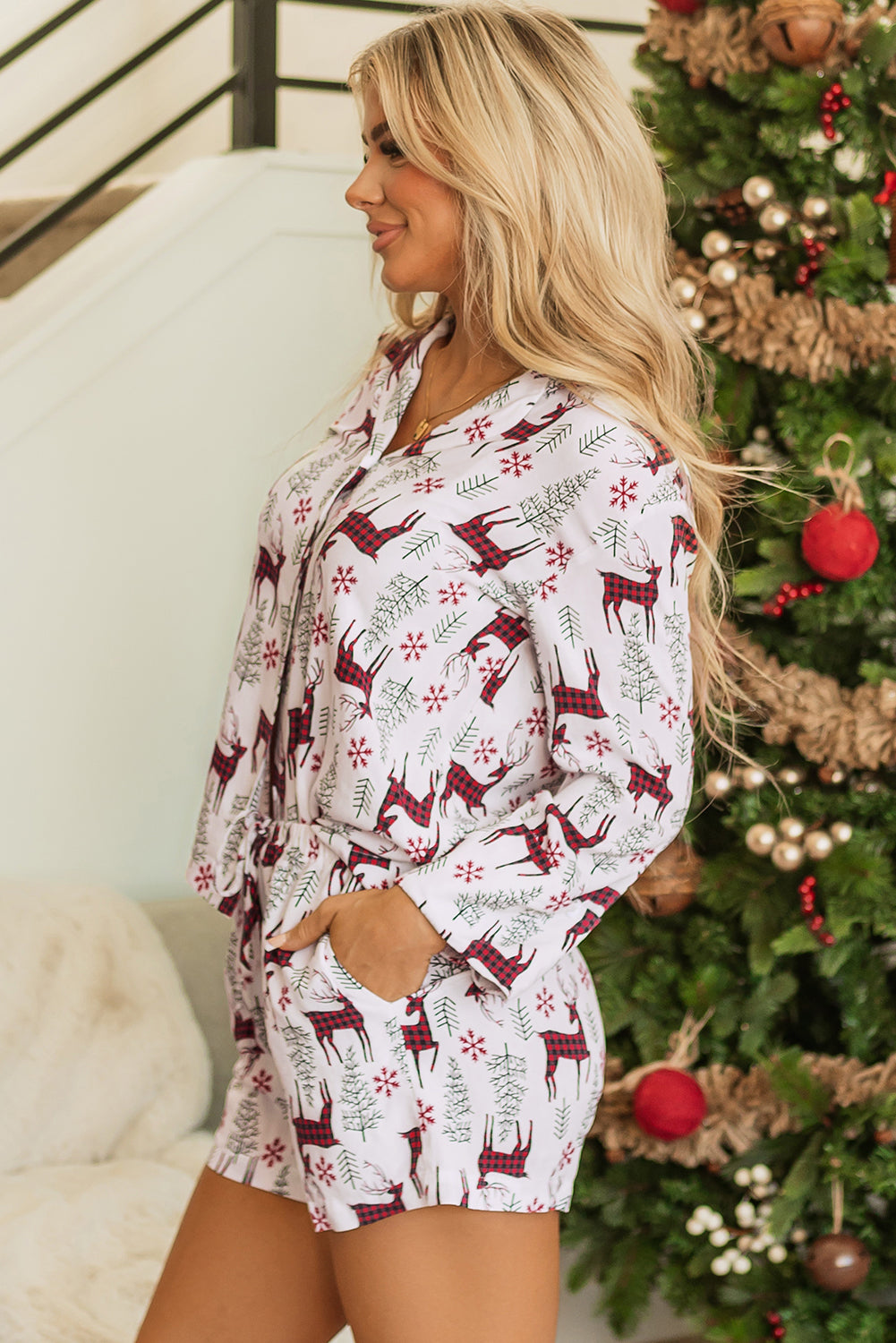 White Christmas Deer Printed Shirt and Shorts Lounge Set