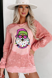 Pink Bleached Round Neck Pullover Sweatshirt