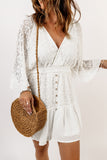 Lace Crochet Buttons Bell Sleeve V Neck Mini Dress