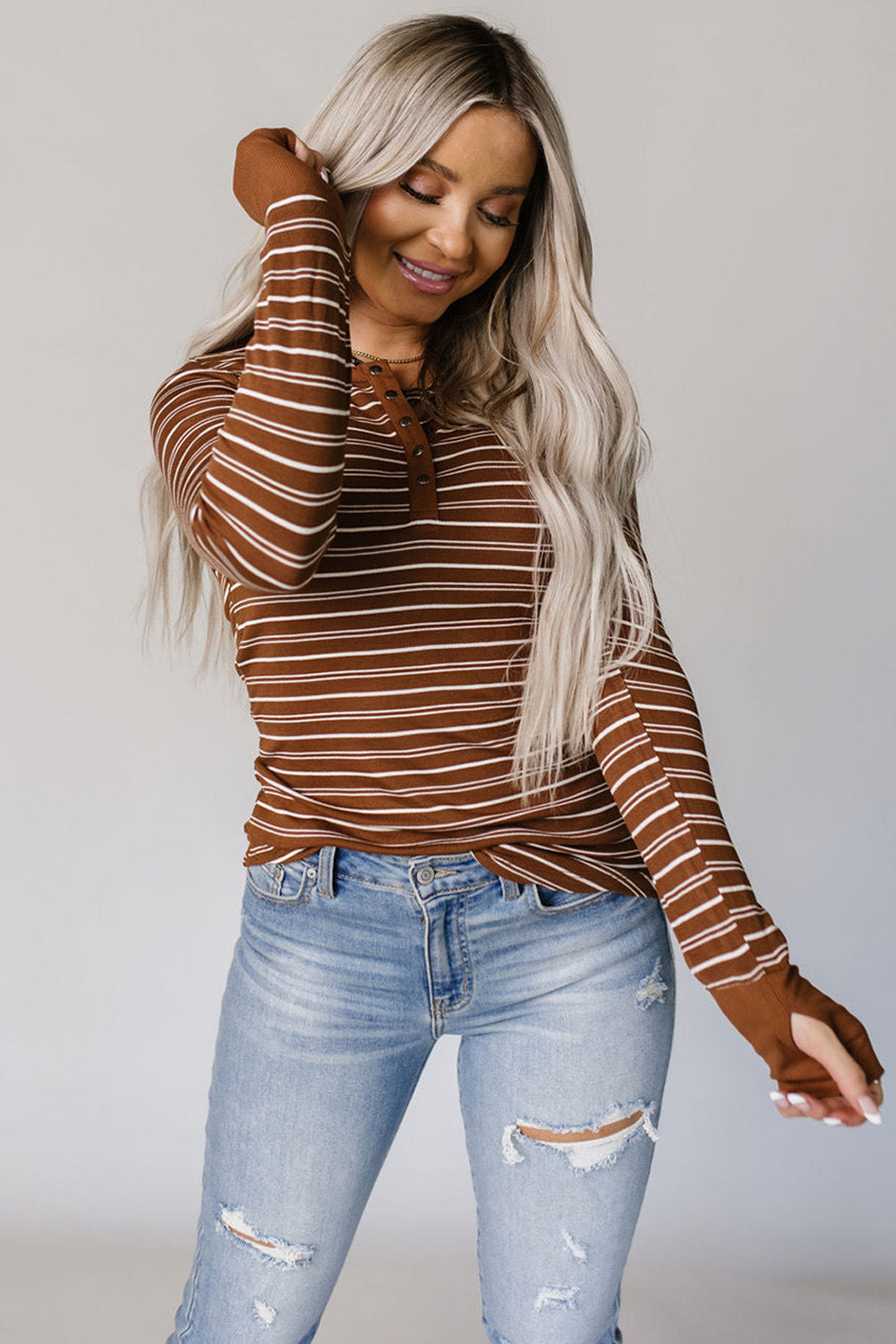 Thumbhole Sleeve Striped Henley Top