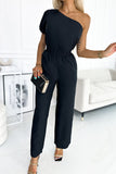 One Shoulder Puff Sleeve Elastic High Waist Jumpsuit