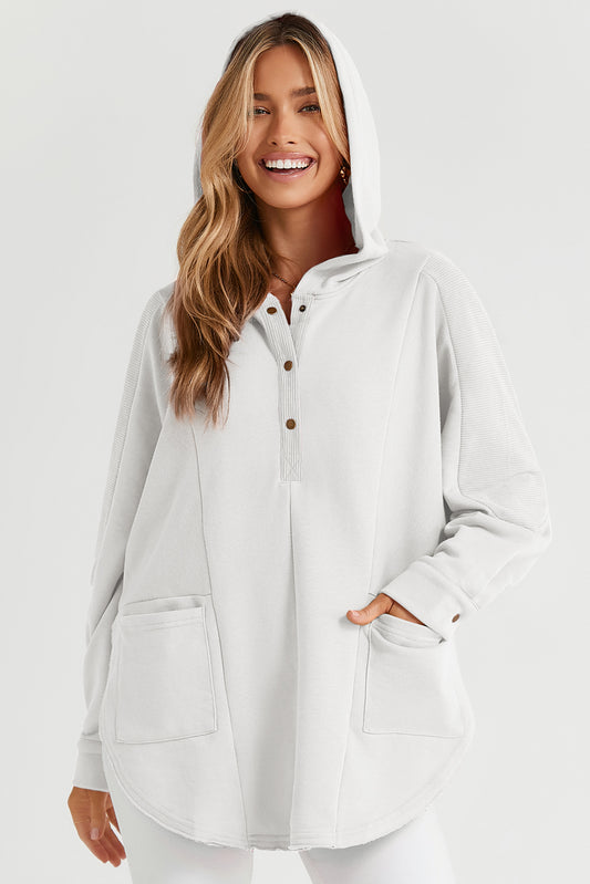 White Patchwork Side Pockets Oversized Henley Hoodie