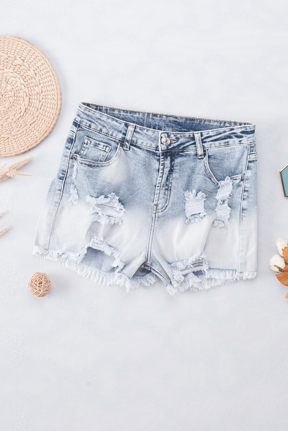 Bleached Wash Distressed Denim Shorts