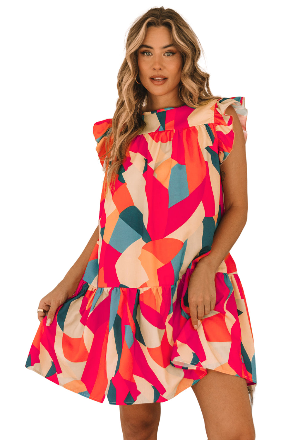 Abstract Geometric Print Flutter Sleeve Babydoll Dress