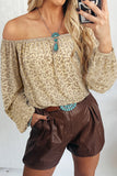 Beige Leopard Velvet Burnout Off Shoulder Long Sleeve Blouse