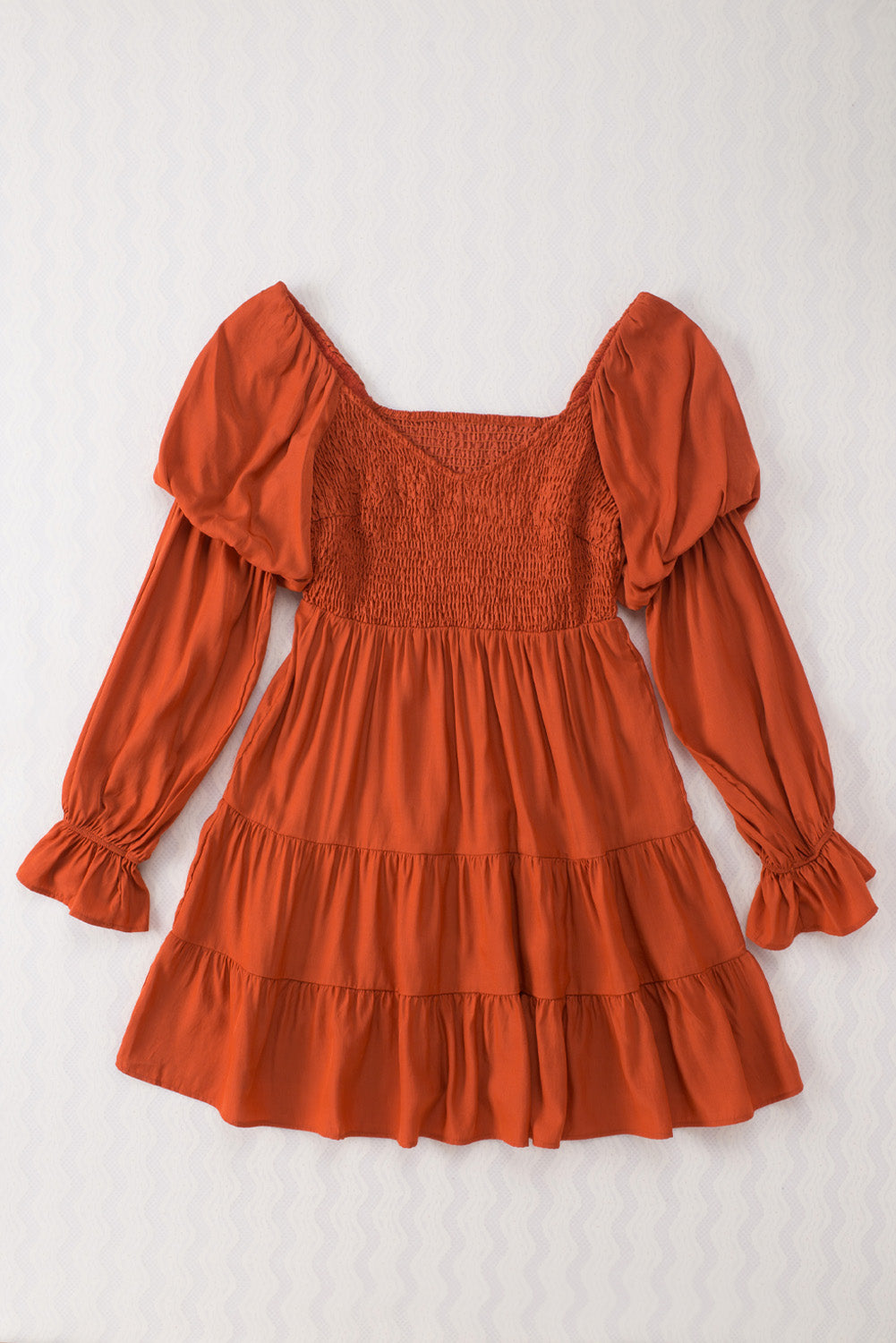 Boho Solid Shirred Ruffle Mini Dress